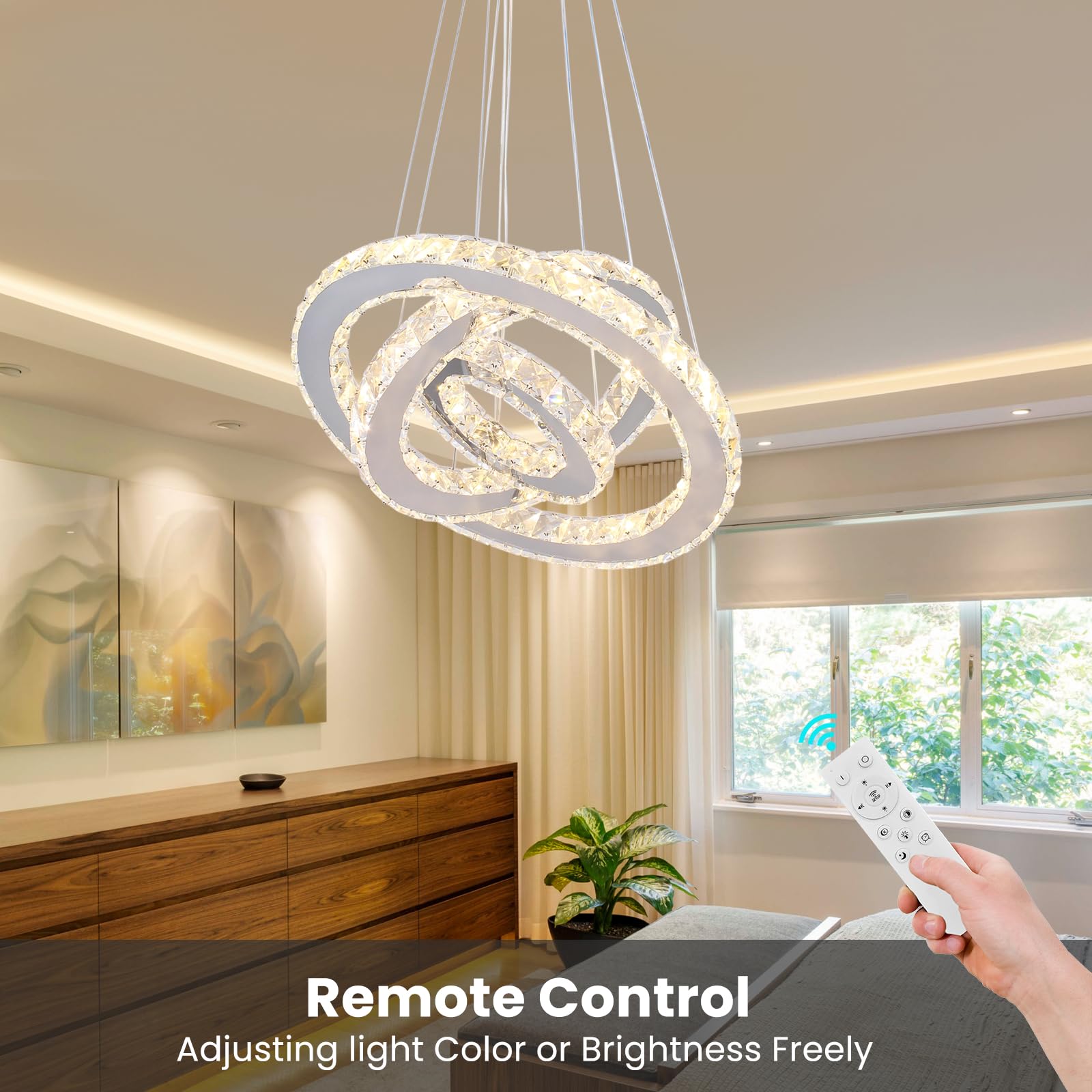 Cainjiazh Chandelier LED Crystal Chandelier Lighting Dimmable LED Chandeliers Modern Ceiling Light Fixture 3 Rings Adjustable Stainless Steel Pendant Light Chandelier for Bedrooms Living Room