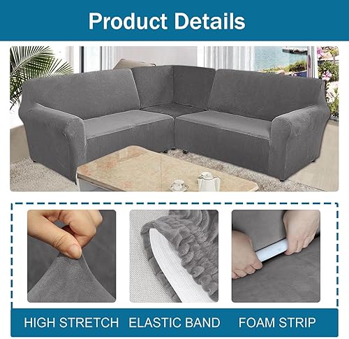 Miniatura 3 de Fundas de terciopelo para sofá seccional para 5 plazas, 3 piezas, elásticas, en forma de L, suave funda para sofá esquinero, protector de muebles