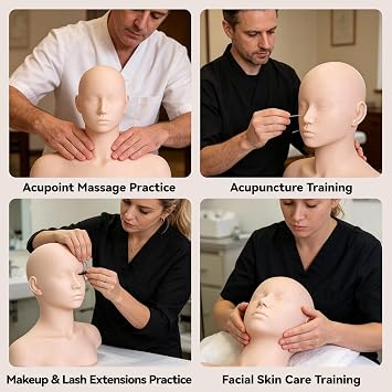 Esthetics Mannequin Head with Shoulders, Facial Mannequin Head with Acupuncture Points, Soft PVC Cosmetology Mannequin Head for Facials Massage Wigs Hat Display, Makeup Practice