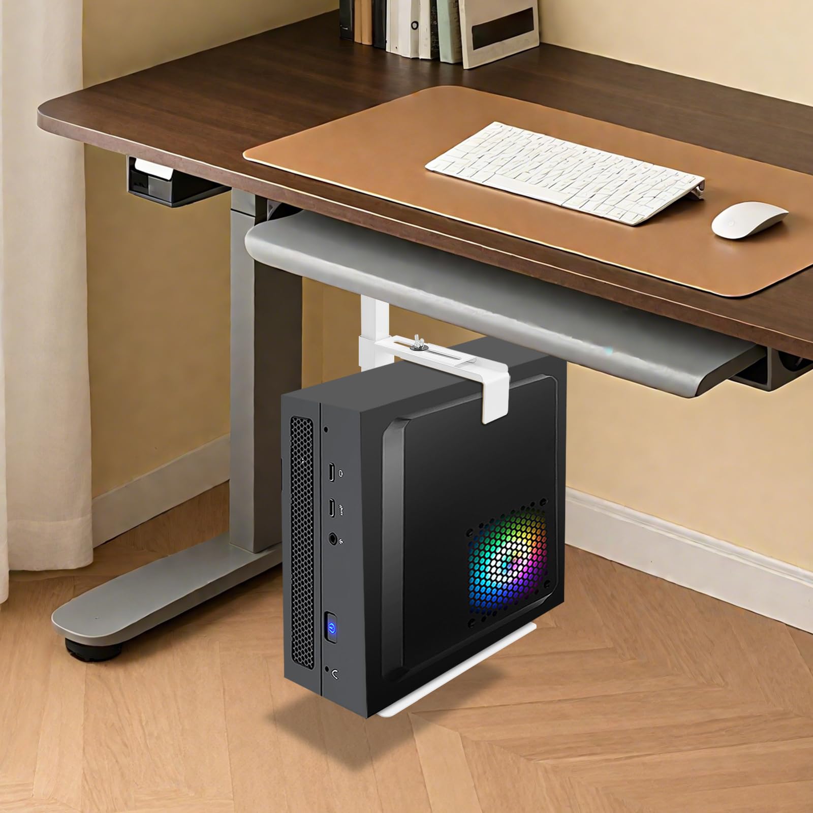 Support PC sous bureau, support PC réglable avec trous de refroidissement de plaque de base pour grands PC gamer, support mural pour PC, gain de place, capacité de charge 30 kg (blanc)