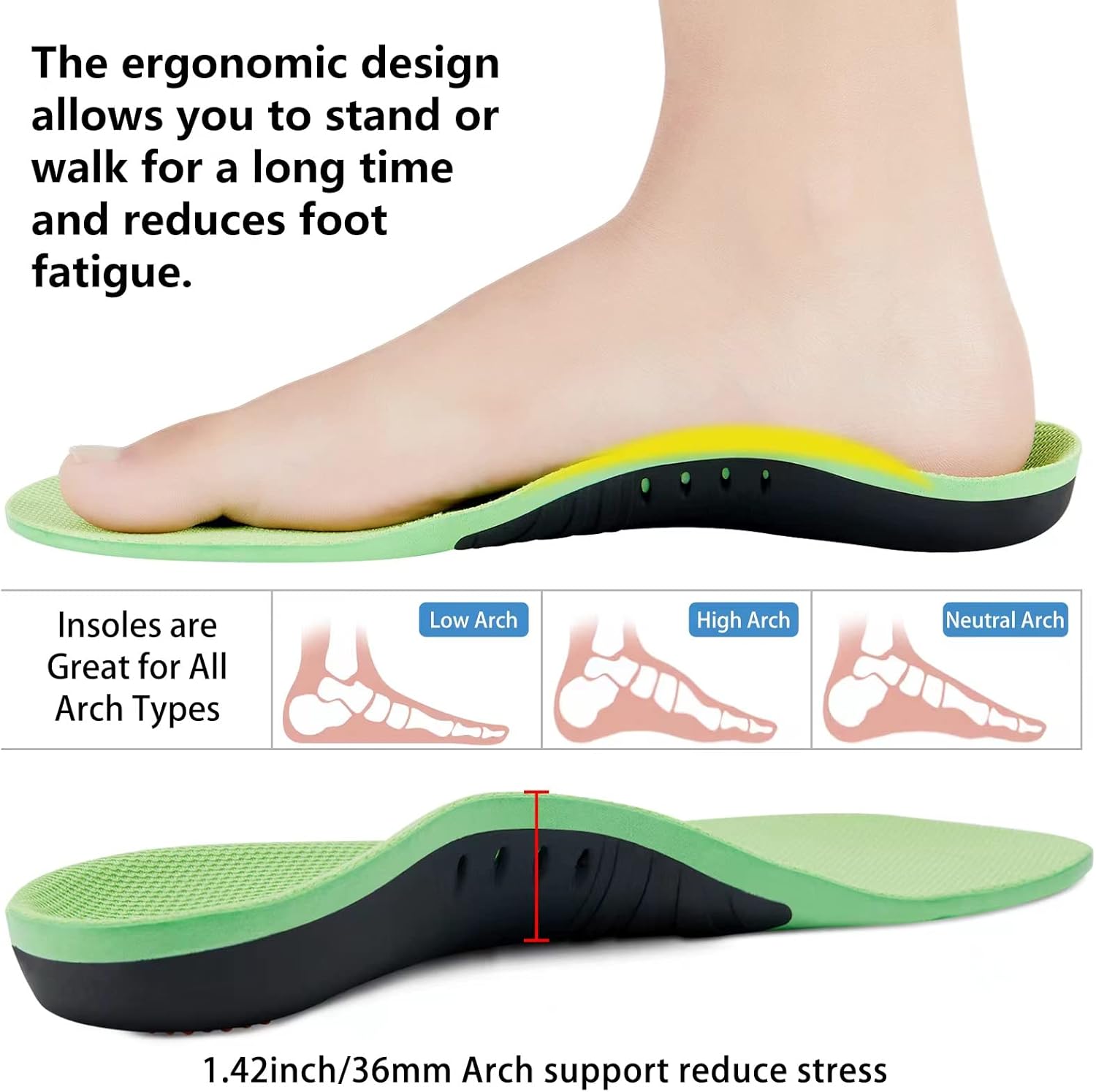 Plantar Fasciitis Relief Insoles (220+lbs) Arch Support Insoles for Flat Feet, Work Boot Insoles, Memory Foam Arch Support Inserts for Men & Women, Gel Orthotic Insoles for Standing All Day - Image 3