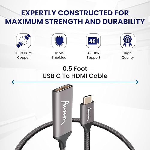 Miniatura 6 de Cable USB C a HDMI, 0.5 pies, cable trenzado negro 4K 60Hz USB tipo C a HDMI para conectar teléfono o computadora a TV, Thunderbolt 3 compatible con