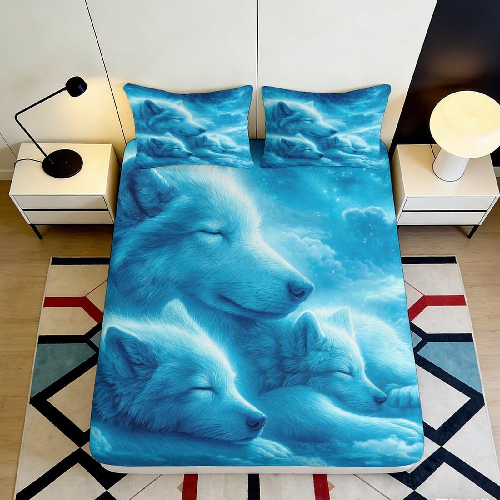 3D Printed Blue Wolf Design Fitted Sheet Microfiber Soft Breathable Starry Sky Bed Cover for Bedroom Dormitory Guest Room Mattress Protection Decor 120x200x25cm