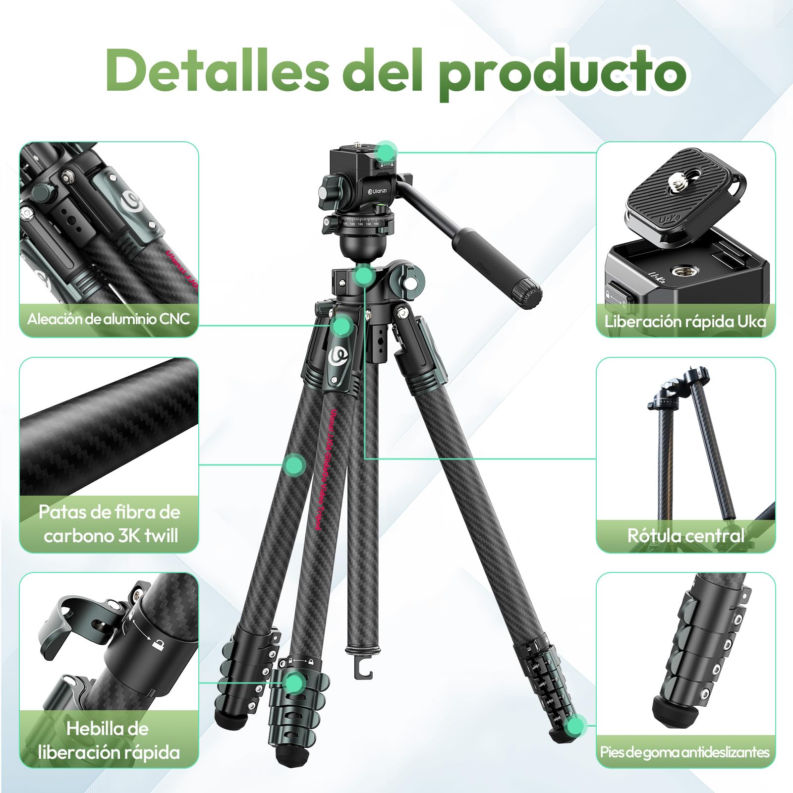 ULANZI JJ06 GlideGo Trípode de Vídeo de Fibra de Carbono, Trípode de Cámara con Doble Cabezal panorámico de 360°, -50°/+60° Tilt Pan, Placa de Liberación Rápida Uka y Mango Destornillador, 18kg MAX