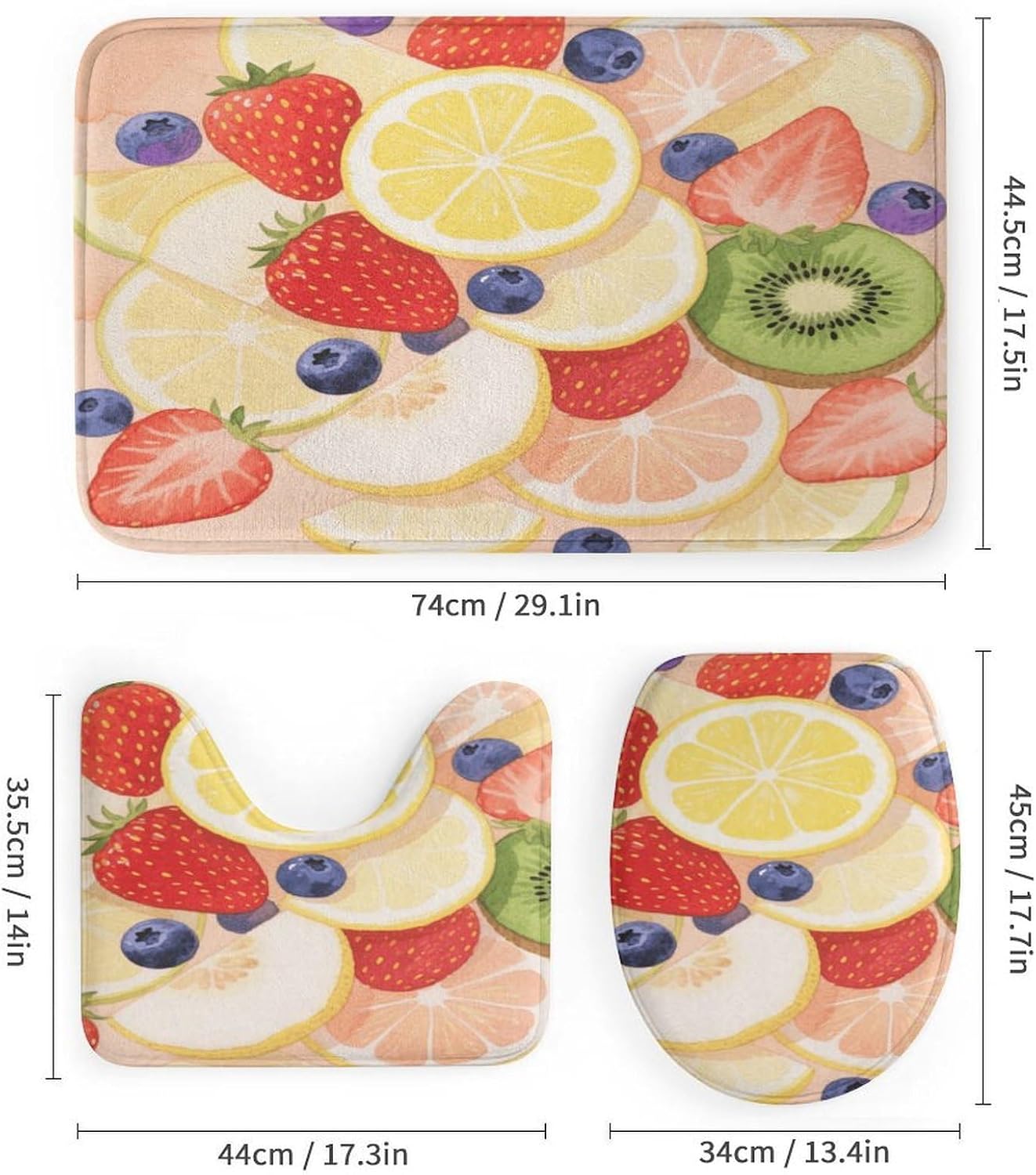 Fruit Slices Bath Rug Set 4 Piece,Bathroom Accessories Set-Toilet Rugs U Shaped,Toilet Lid Cover,Shower Curtain and Rugs,Ultra Soft, Absorbent,Home Decor