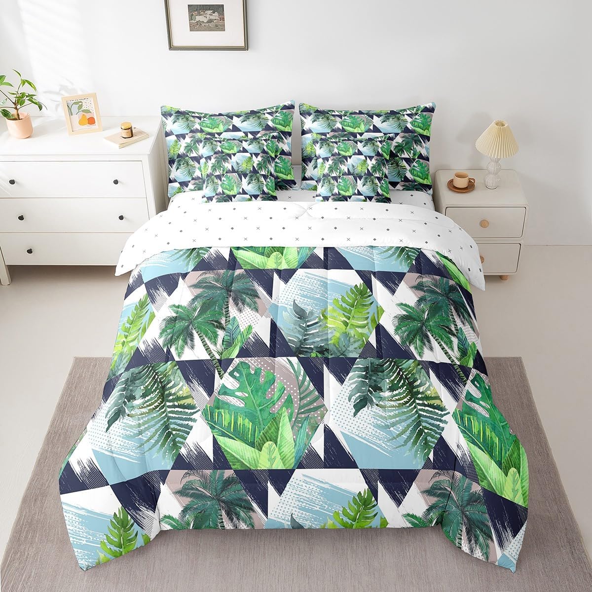 Erosebridal Palm Leaves 7 Pcs Comforter Set Queen Palm Tree Bedding Ocean Tropical Hexagon Triangle Geometric Shapes Sheet Set Bed in A Bag for Young Adults Mable Grunge Green Blue Duvet Insert