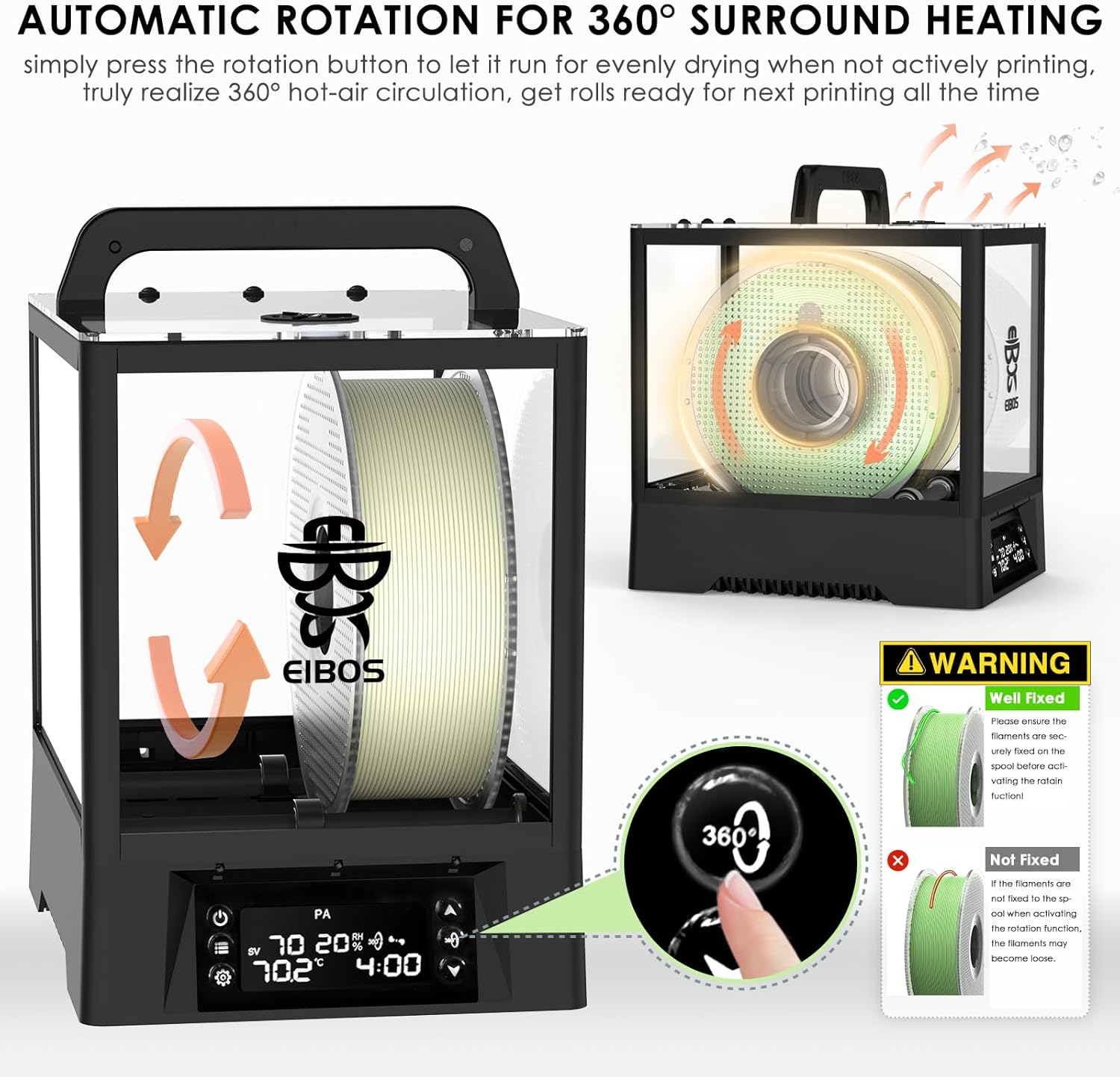 【EIBOS Official 】 3D Printer Filament Dryer Box Polyphemus with Fan + 1kg Black PLA + 1kg White PLA Combo, Auto-Rotation, Auto-Humidity Control, 3KG Large Space, 1.75mm 2.85mm 3.00mm Nylon, PLA, TPU