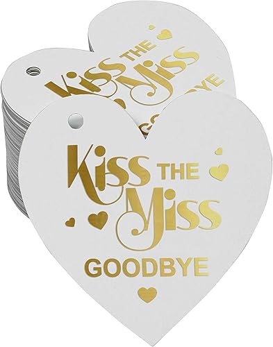 Paquete de 100 etiquetas de papel de aluminio dorado real, con texto en inglés "Kiss The Miss Goodbye", para despedida de soltera