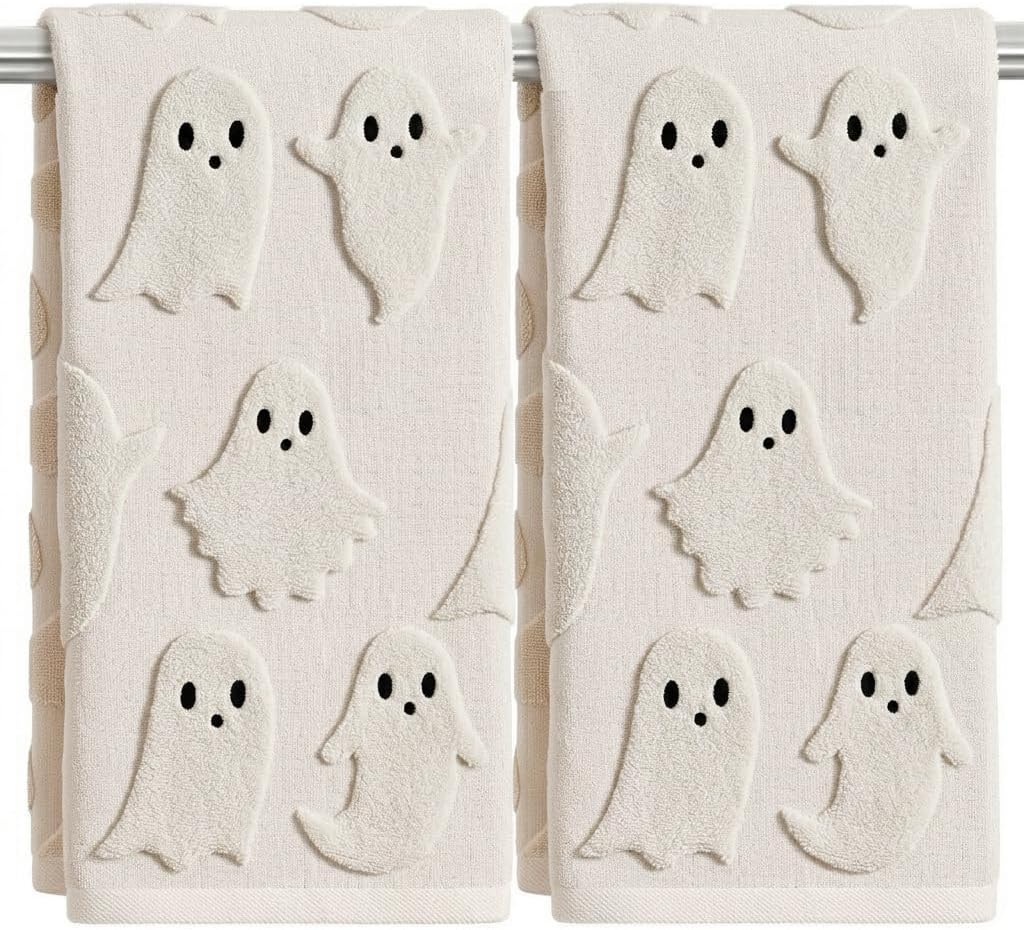 2 Pack Halloween Hand Towels 100% Cotton Jacquard Ghost Halloween Kitchen Towels White Bathroom Towels Set Seasonal Bathroom Decor (Beige Ghost, Halloween)