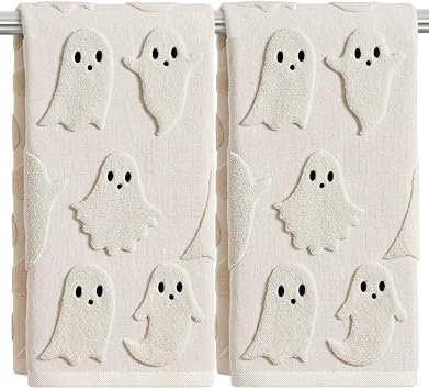 2 Pack Halloween Hand Towels 100% Cotton Jacquard Ghost Halloween Kitchen Towels White Bathroom Towels Set Seasonal Bathroom Decor Beige Ghost, Halloween