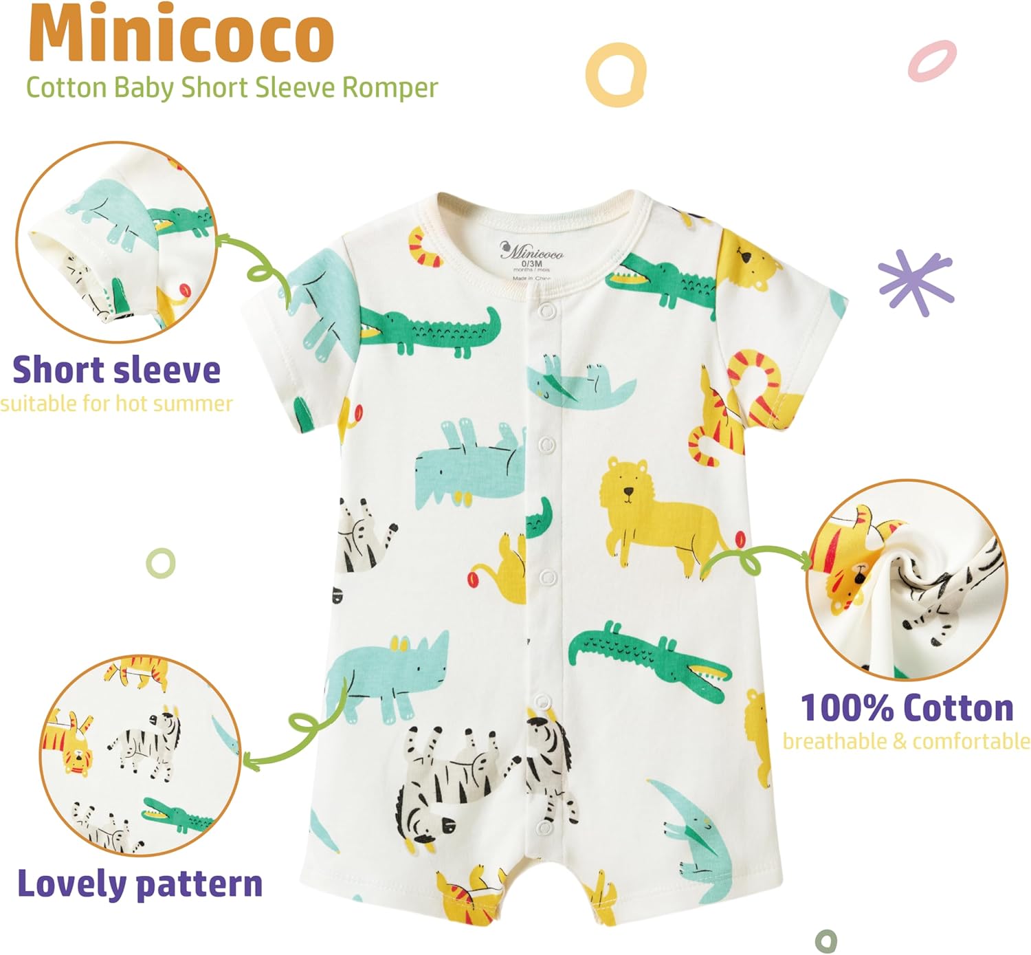 Baby Boy 3-Pack 100% Cotton Short Sleeve Rompers-Breathable One-Piece Jumpsuits with Animal Themes for Spring/Summer - Image 2