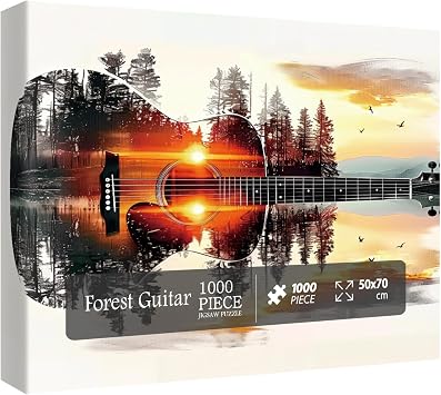 Colorful Guitar Forest Puzzles for Adults 1000 Pieces, Beautiful Art Landscape Lake Sunset Jigsaw Puzzles, Pretty Scenic Tree Scenery Puzzle
