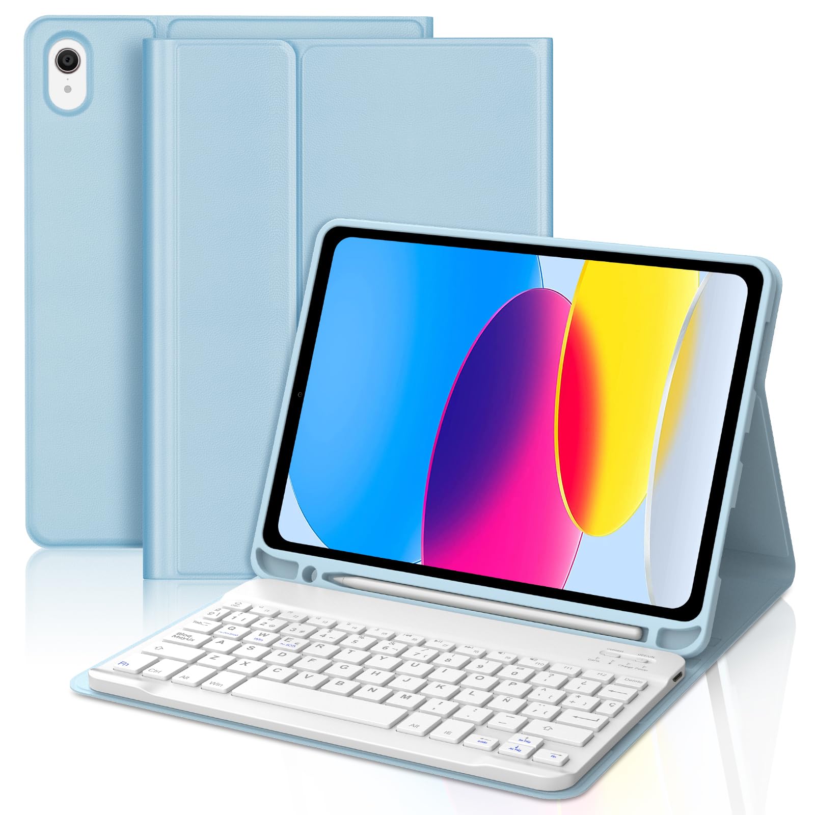 FOGARI Funda Teclado para iPad A16 11ª Generación 2025/10ª Generación 10.9" | Español Ñ Teclado Bluetooth Inalámbrico Desmontable para iPad A16 11/10 Generacion, Azul Claro