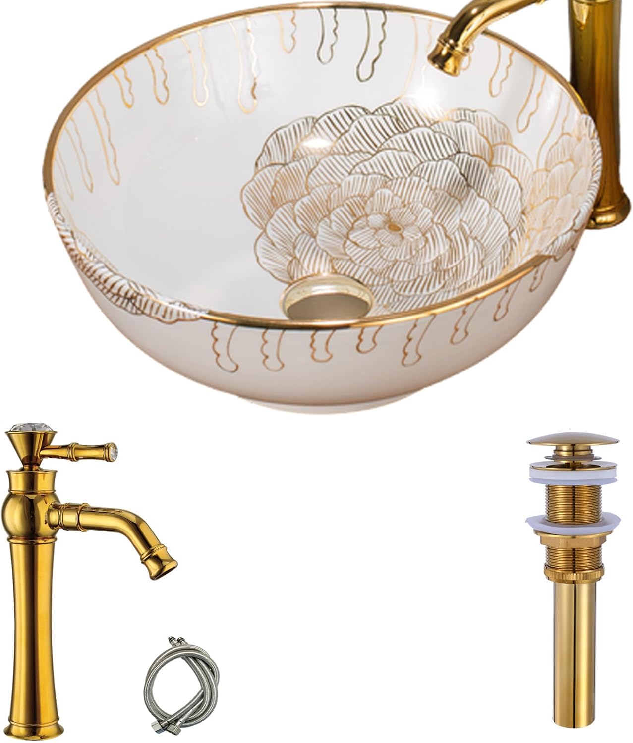 Hand Painted Ceramic Bathroom Vessel Sink with Gold Faucet and Drain Combo for Vanity Top