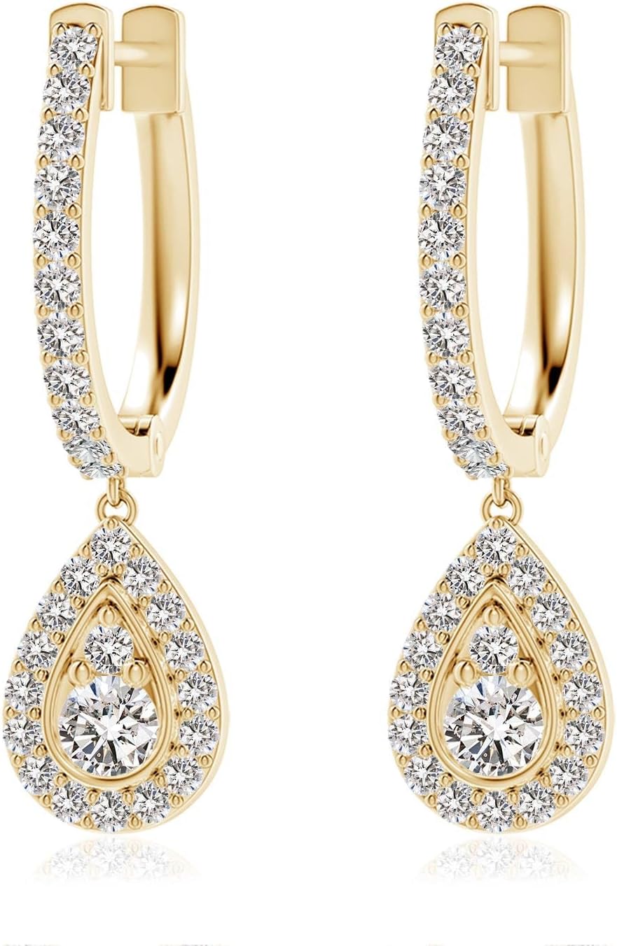 ANGARA Pave and Prong Set Diamond Teardrop Hoop Earrings in 14K Solid Gold/Platinum | Natural Pave and Prong Set Diamond Hoops for Women | April Birthday, Anniversary Jewelry Gift
