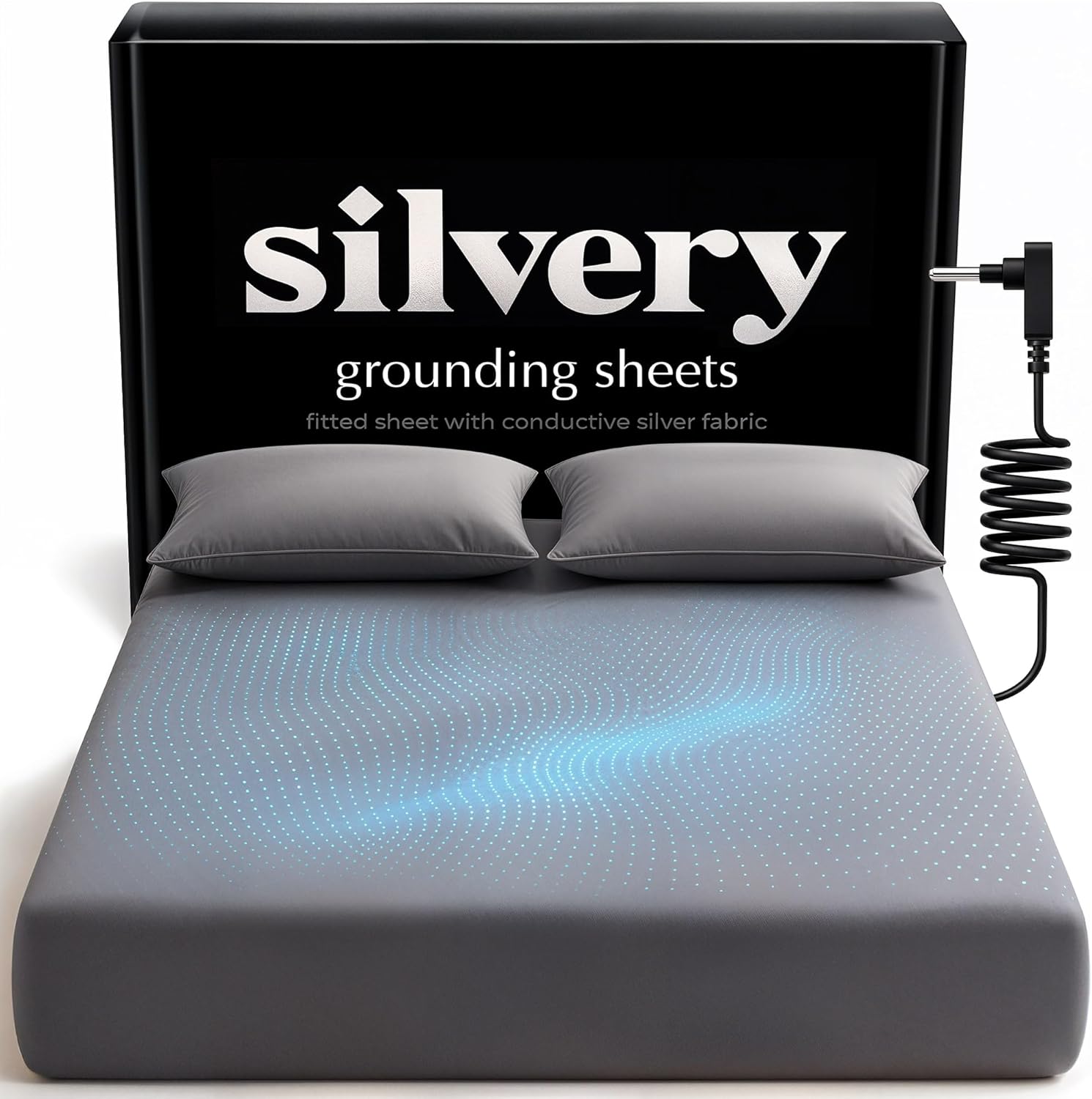 Silvery Silver-Infused Grounding Bed Sheets - Silky-Soft Earthing Fitted Sheet with Grounding Cable & Guide - 90% Lyocell 10% Conductive Silver for Better Sleep