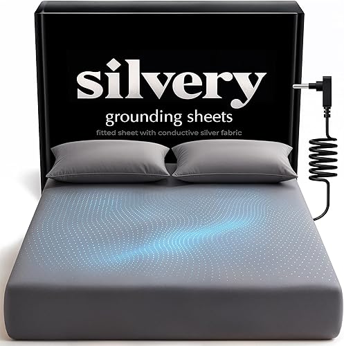 Silvery Sábanas de cama con infusión de plata, sábana bajera ajustable suave y sedosa con cable y guía de conexión a tierra, 90% lyocell, 10% plata