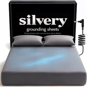 Silvery Silver-Infused Grounding Bed Sheets - Silky-Soft Earthing Fitted Sheet with Grounding Cable & Guide - 90% Lyocell 10% Conductive Silver for Better Sleep
