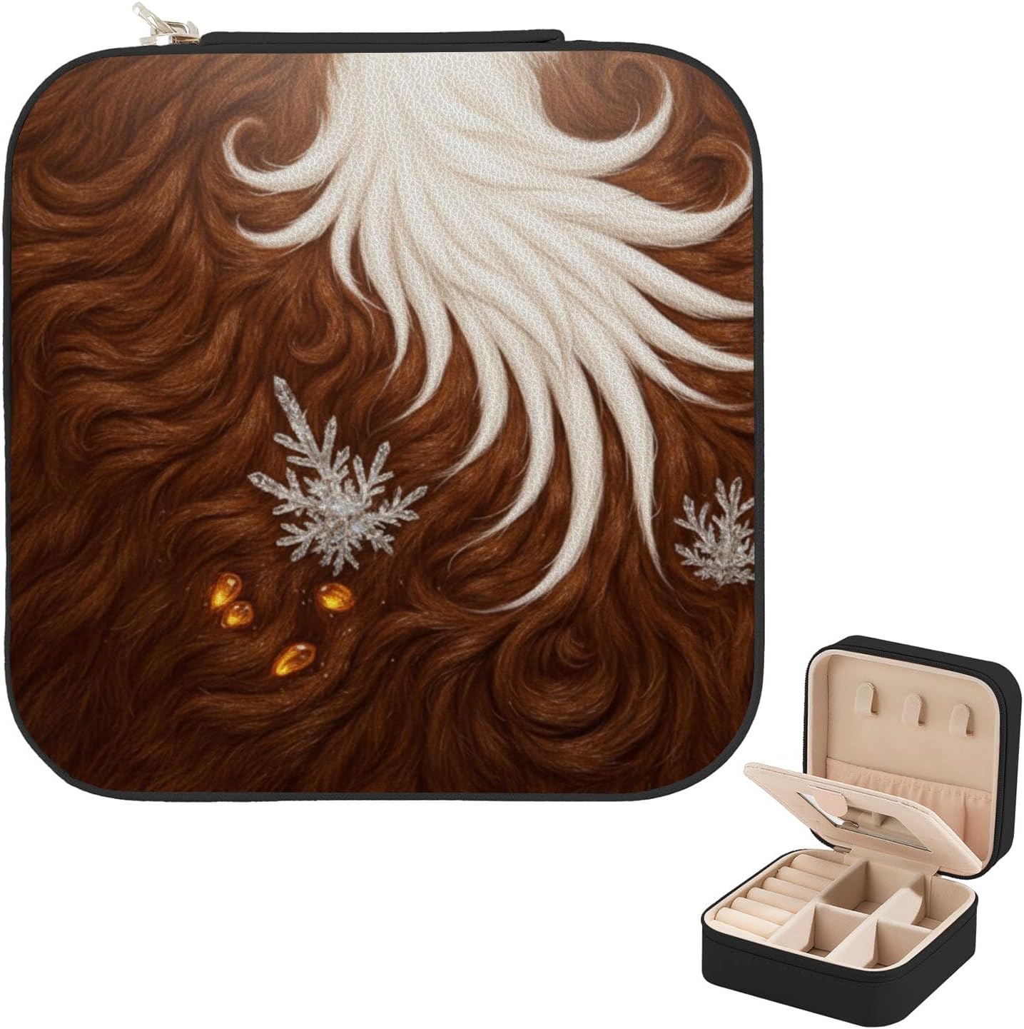 Brown White Fur Mini Jewelry Travel Case, Small Jewelry Box With Mirror, Portable Travel Accessories For Rings Earrings Pendants Watches Necklaces, Mini Essentials Gift For Women Bridesmaid Birthday