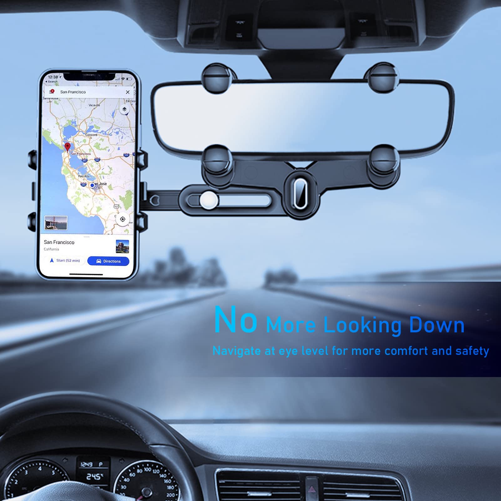 SINSEN Phone Mount for Car Rearview Mirror, Cell Phone Holder with Extra Vent Mounting Clip, 720° Rotatable Retractable Universal Fit, Eye Level Hands-Free GPS