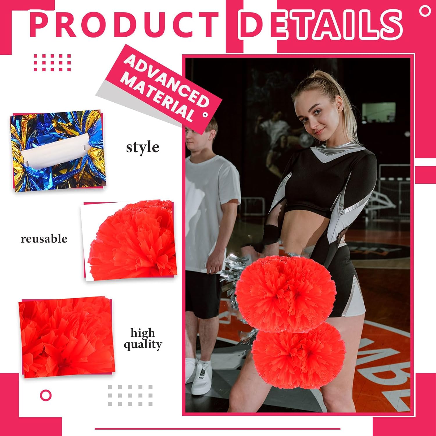 Metallic Cheerleading Pom Poms, 8Pcs Cheerleaders Cheer Pom Poms with Baton Handle Metallic Foil Pompoms for Adult (Red)