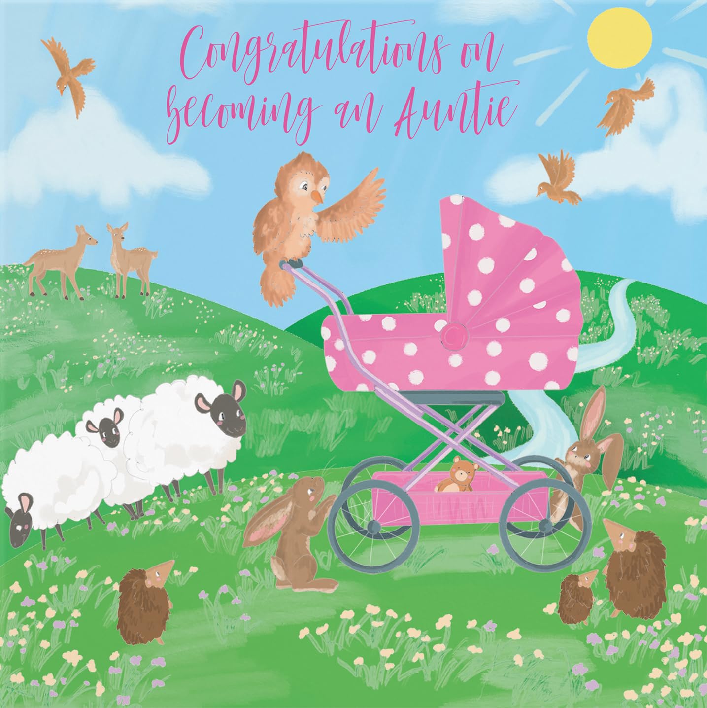 Hunts England, New Auntie Congratulations Cute New Baby Card, Congratulations On Becoming An Auntie, Newborn, Pink Pram - Image 2