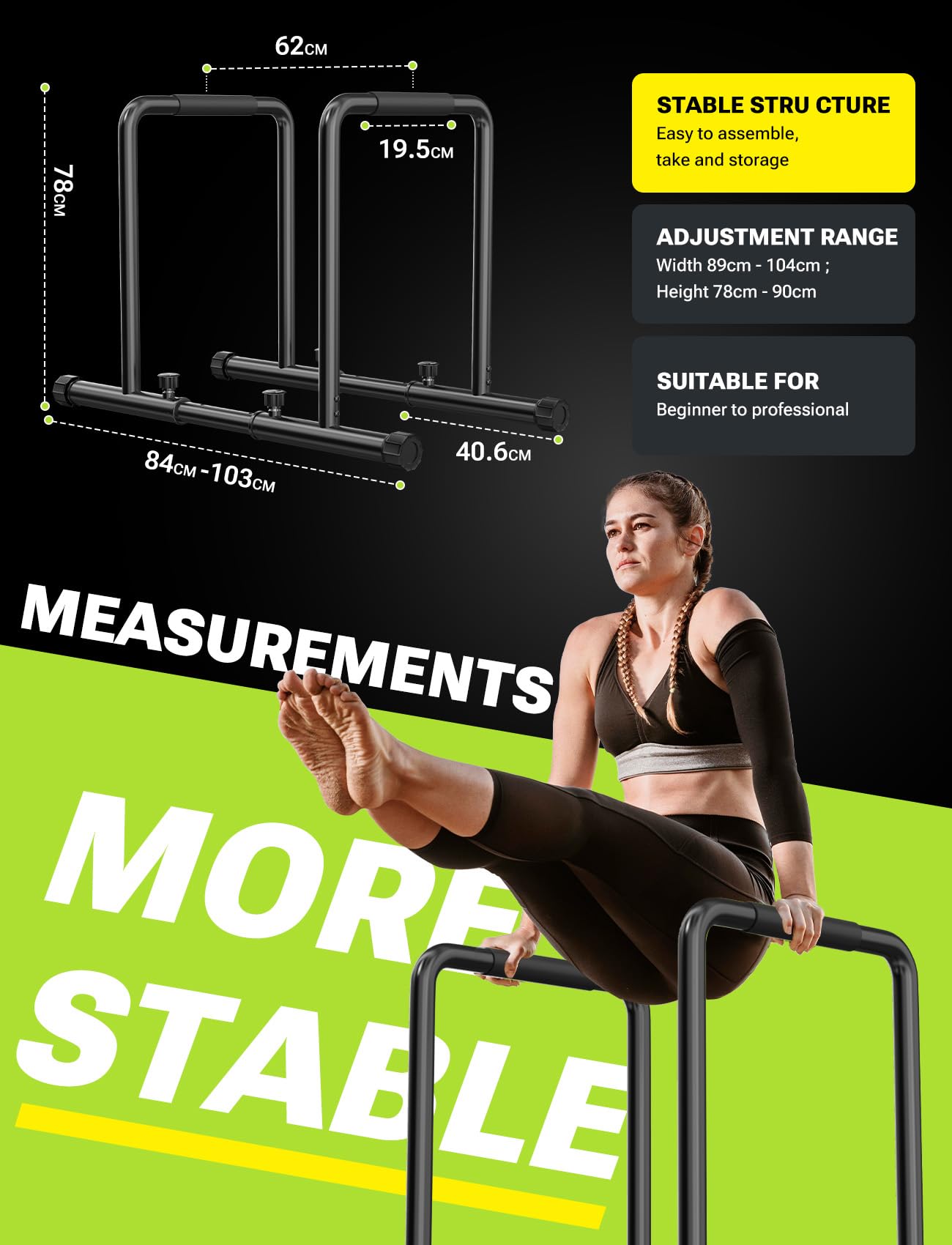 YOLEO Barras Paralelas Calistenia Adjustable, Carga 500KG, Dip Bar Fitness, Push Up Bars de Inmersión, Altura y Ancho Ajustables, Negro