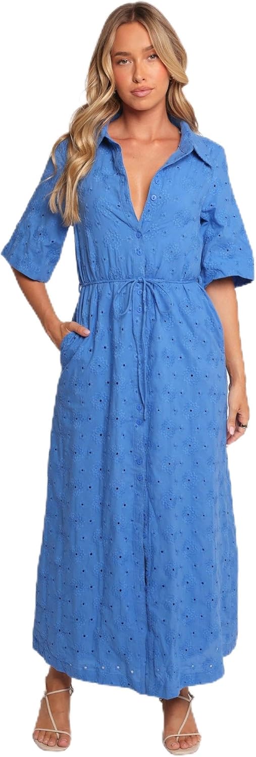 Petal & Pup Women's Cooper-Embroidered-Button-Through-midi-Dress-Cobalt