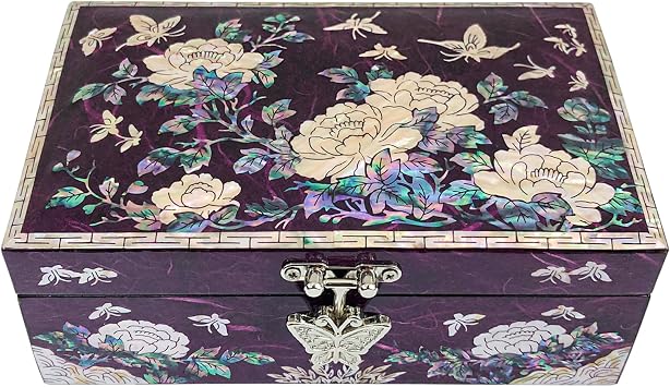 Mother of Pearl Jewelry Ring Necklace Peony Hanji Pattern Trinket Wooden Box - Inlay with Sea Shell Gift Purple