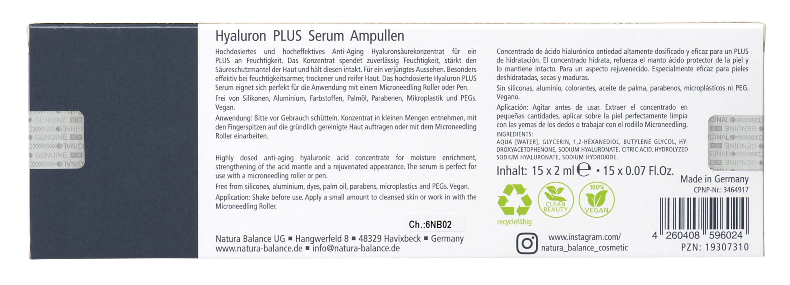 Hyaluron PLUS 30 Stück Serum Ampullen a 2 ml hochdosiert Anti Falten Gesicht Hyaluronsäure Microneedling empfindliche Haut wenig Zusatzstoffe vegan Made in Germany