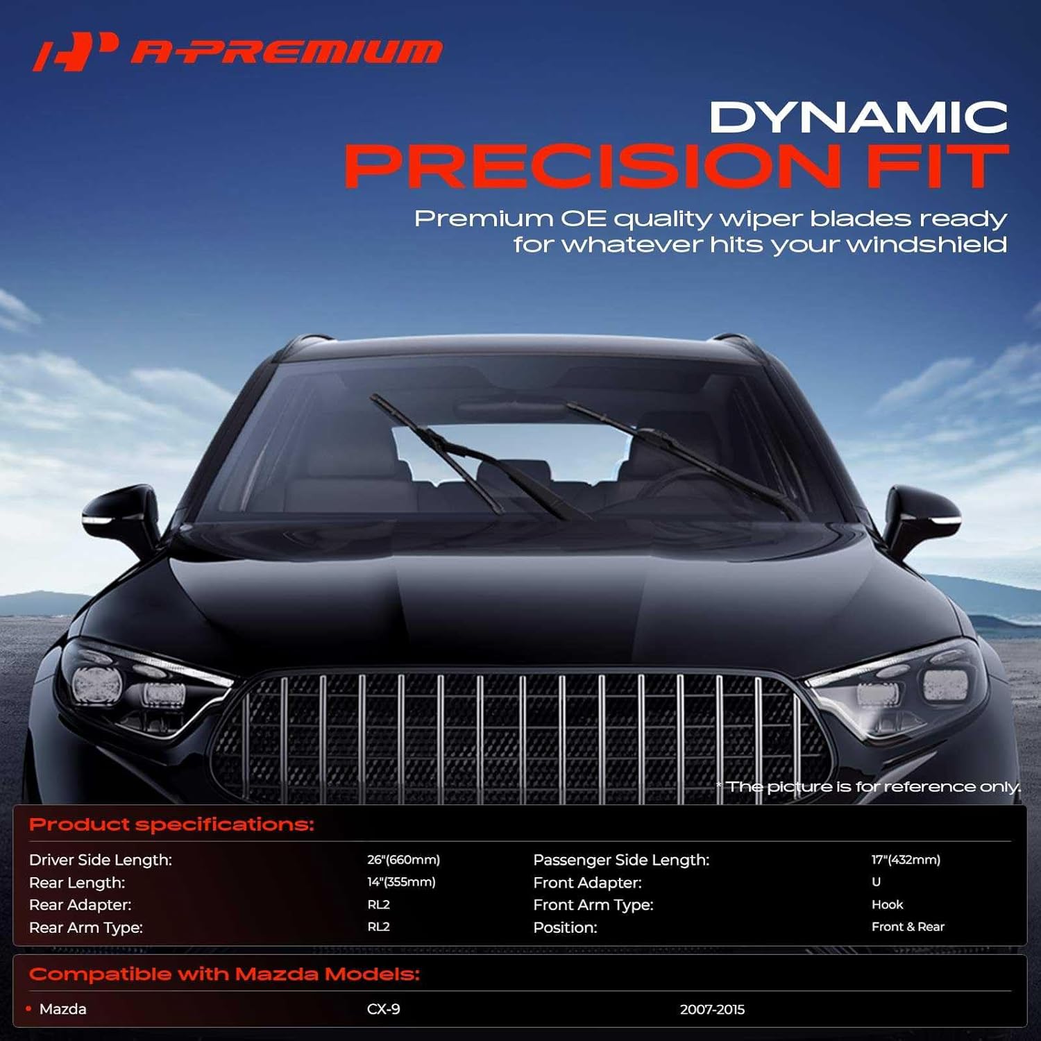 A-Premium 26"/17"/14" Windshield Wiper Blades Compatible with Mazda CX-9 2007-2015 - Front Rear Wipers Blade Set for Hook/RL2 Arm Connector, with Wear Indicator & Towel (Pack of 3)