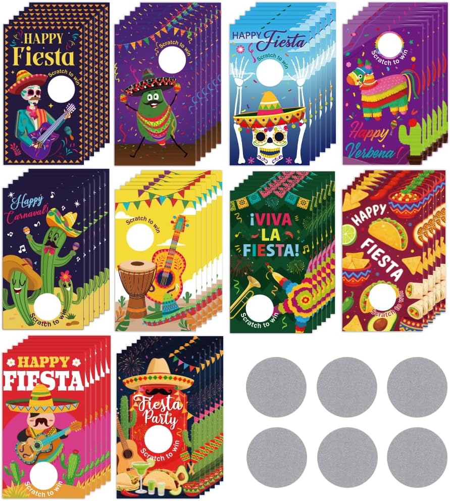 PLIGREAT 240 Pieces Mexican Fiesta Scratch Off Cards 10 Styles Make Your Own Scratch Off Cards with Stickers Holiday Scratchs Off Tickets for Prizes DIY Coupon Card for Small Business Party Supply