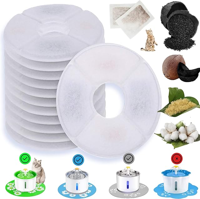 Cat Water Fountain Filters with 5 Step Purifier Layers and Activated Carbon Ion in Leak Proof Bags Size 126mm x 35mm Round Shape Compatible for 1.6 to 2.4L Pet Fountains (5pcs)
