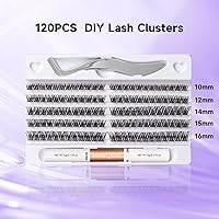 Vista 5 de Extensiones de pestañas individuales 120 pestañas en racimo para colocar en casa, pestañas finas con banda ancha y aplicador, kit de extensión