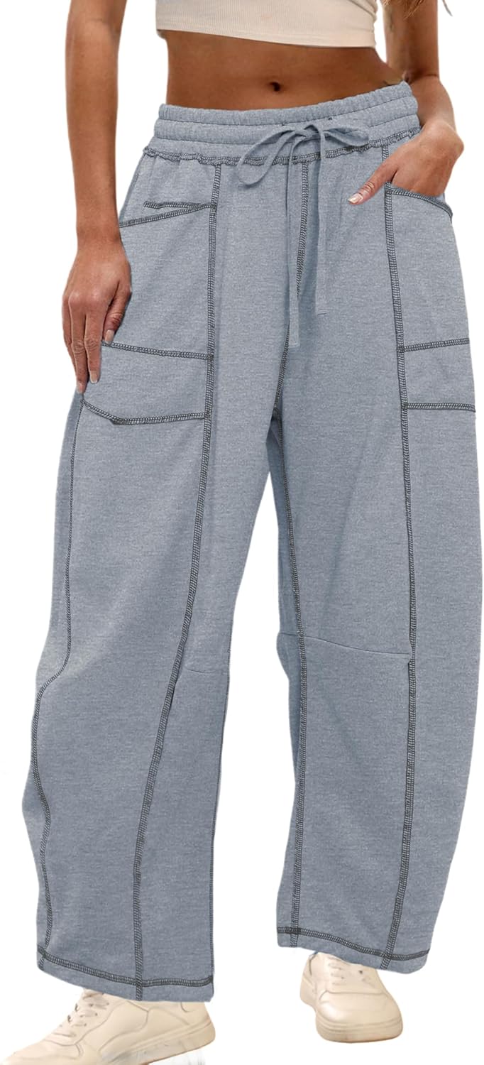 Athlisan Womens Baggy Barrel Pants Wide Leg Lounge Drawstring Sweatpants with Pockets