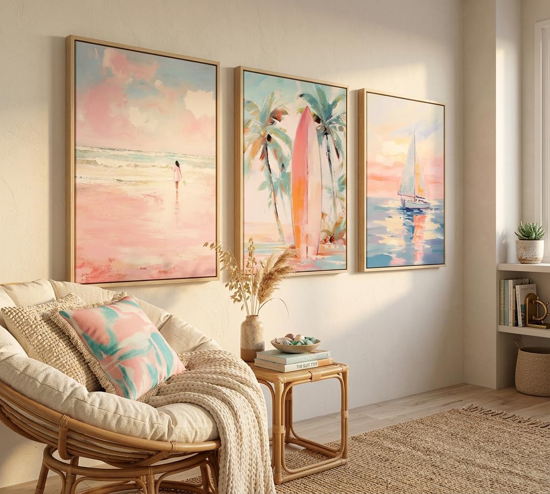KKJ Pink Coastal Canvas Wall Art Set of 3, 16x24 Unframed Prints, Sailboat Surfboard Beach Posters for Teen Girls Dorm Room Bedroom Apartment Decor