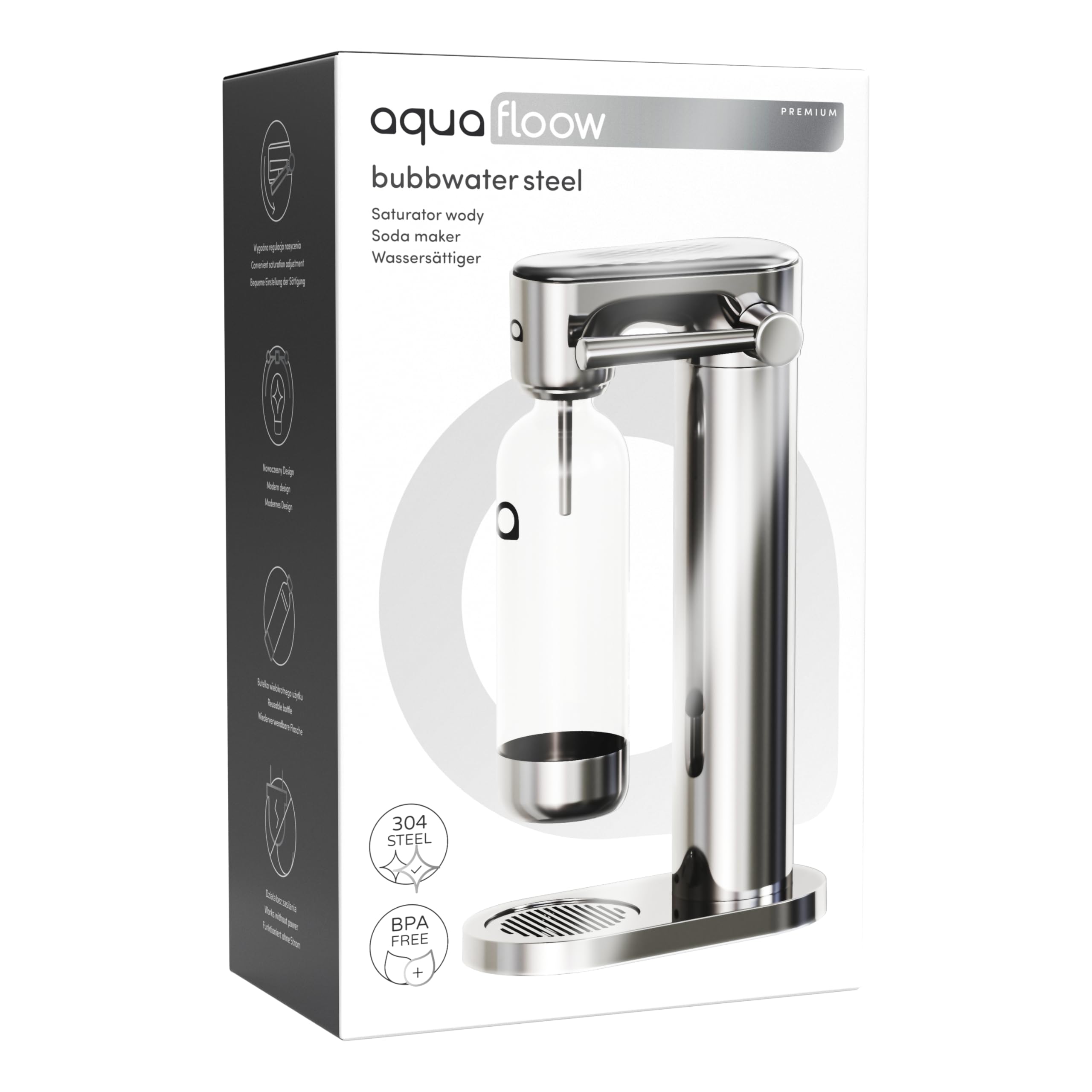 Aquafloow Macchina Soda per Acqua Frizzante in Acciaio Inox – Gasatore d’Acqua a Controllo Manuale con CO₂ Ricaricabile, Bombola fino a 60 Litri, Bottiglia in Plastica Senza BPA con Base Inox