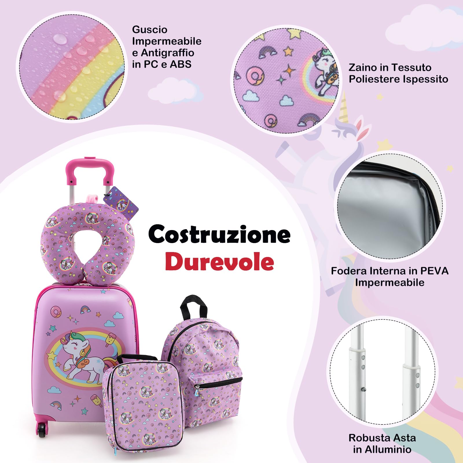 RELAX4LIFE Set di Valigietta per Bambini da 5 Pezzi con Valigia da 38 cm a Mano, Zaino da 33 cm, Cuscino per il Collo, Borsa Pranzo Isolata, Etichetta, Valigia con Ruote Rigide (ROSA)