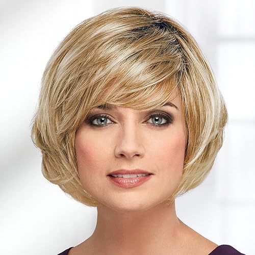 Paula Young Laurel - Peluca WhisperLite Haute Bob con flequillo recortado en las cejas y capas en ángulotonos multitonales de rubio, plateado,