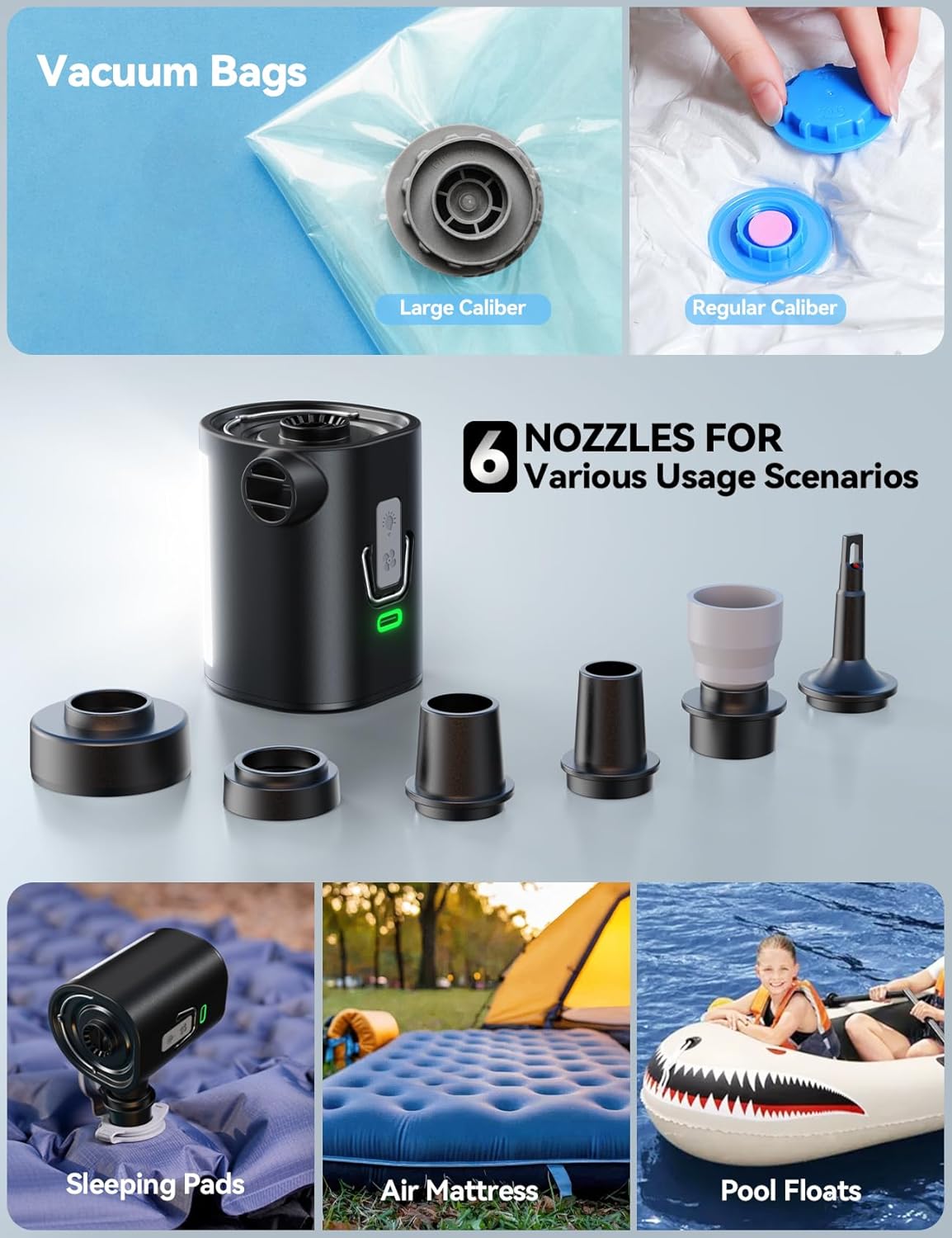 Image showing the six different nozzles included with the JOYROOM air pump and examples of their use with vacuum bags, sleeping pads, air mattresses, and pool floats.
