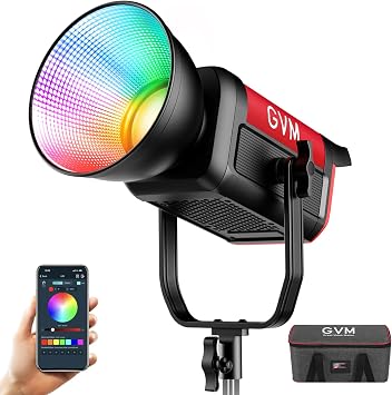 GVM 300C RGB Video Light, 300W Studio Light 2000K-10000K,48,200 Lux@ 1m with Reflector Photography Lighting with Bowens Mount & DMX Control, Studio Light for Film Recording,16 Lighting Effects