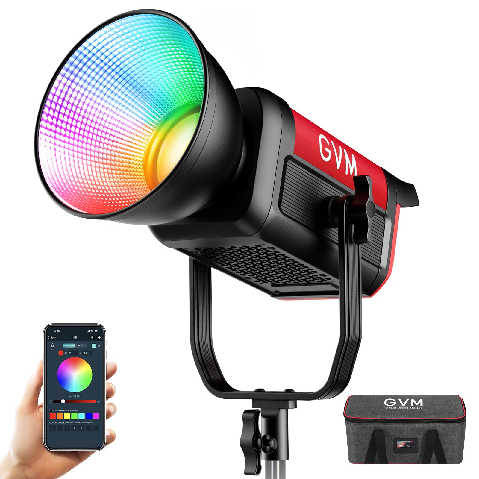 GVM 300C RGB Video Light, 300W Studio Light 2000K-10000K,48,200 Lux@ 1m with Reflector Photography Lighting with Bowens Mount & DMX Control, Studio