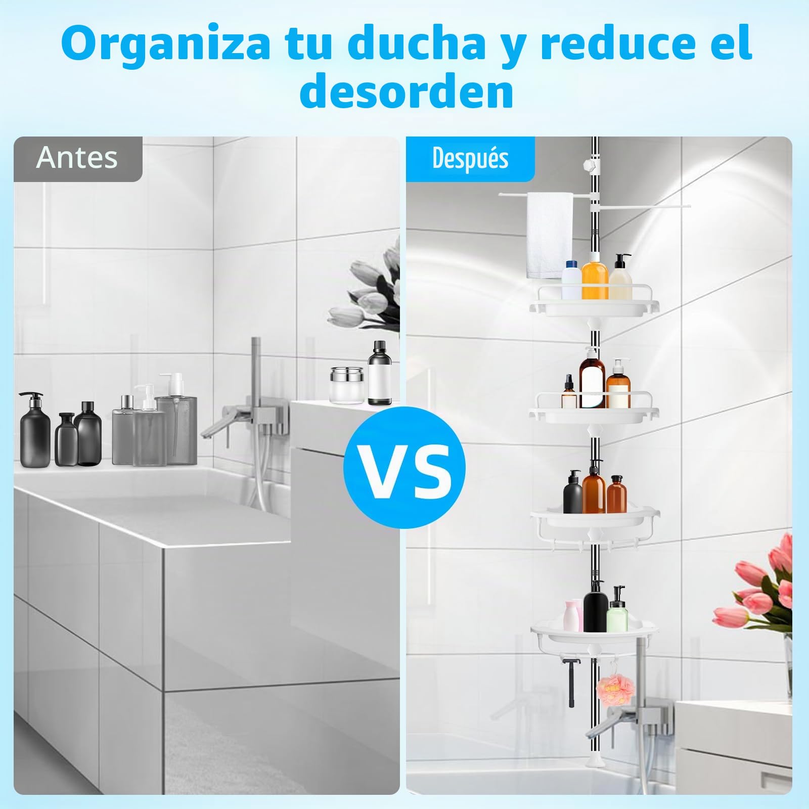 XLHOMO Estante de Ducha esquinero de 32 a 122 Pulgadas, Barra de tensión, Color Blanco, estantes de Ducha inoxidables sin taladros para baño, bañera, Lavabo, Organizador de Ducha Ajustable con
