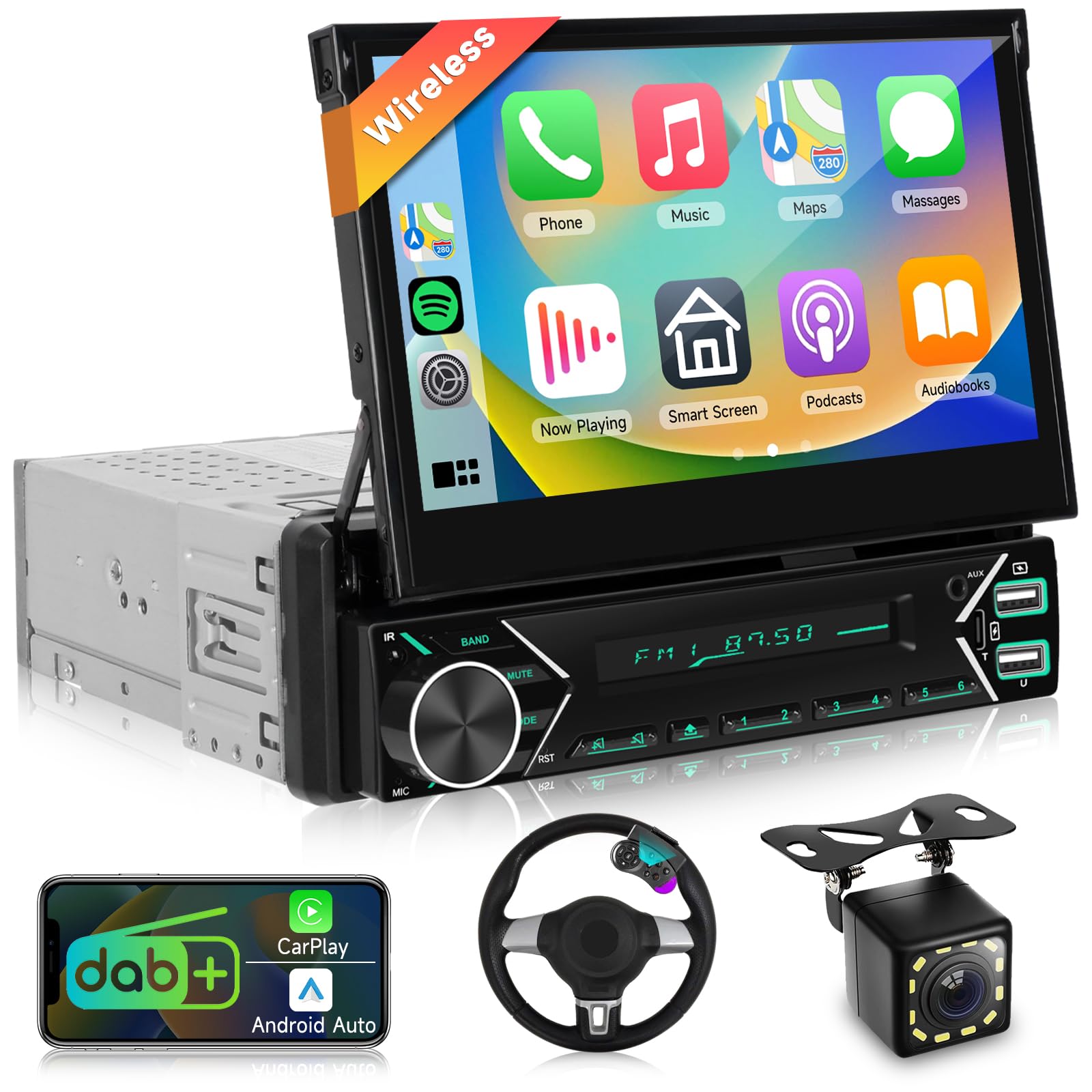 DAB/DAB+ Single Din Car Stereo with Apple Carplay Android Auto, Podofo 7 inch Motorized Flip Out Touch Screen Bluetooth Radio with Mirror Link/FM/SWC/Backup Camera/External Mic/2 USB+Type-C Ports