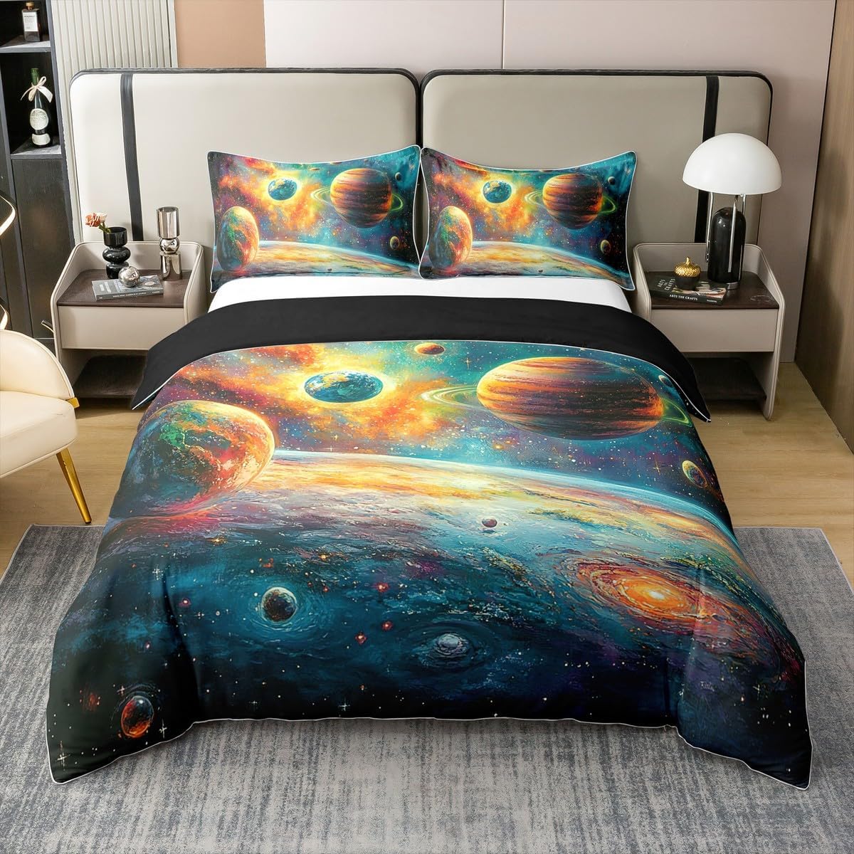 jejeloiu Solar System Bedding Duvet Cover 100% Cotton Set Twin Size Galaxy Bedding Set Outer Space Universe Planets 3D Printed Space Comforter Cover Set Space Outer Sky Bedspread Cover,No Comforter