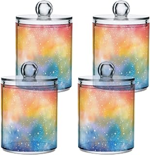 ALAZA Bathroom Canister Set of 4 Gradient Rainbow Sparkle Qtip Holder Dispenser Clear Plastic Apothecary Jars with Lids Bathroom Organizer Storage Containers for Cotton Swab,Ball,Pads,Floss