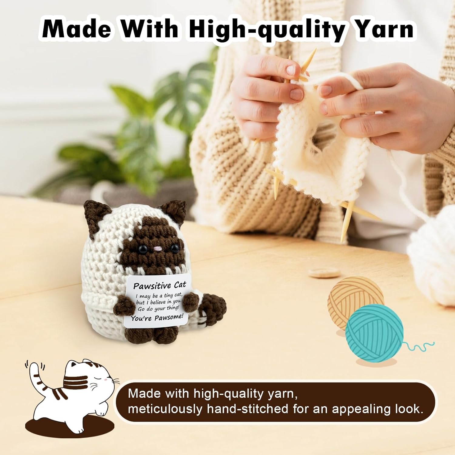 Handmade Positive Siamese Cat, Easter Basket Stuffers for Teens Boys Girls,Mini Brown Cat Crochet Animal, Emotional Support Cat, Birthday Mothers Day Graduation Gifts for Son Daughter Women Friends