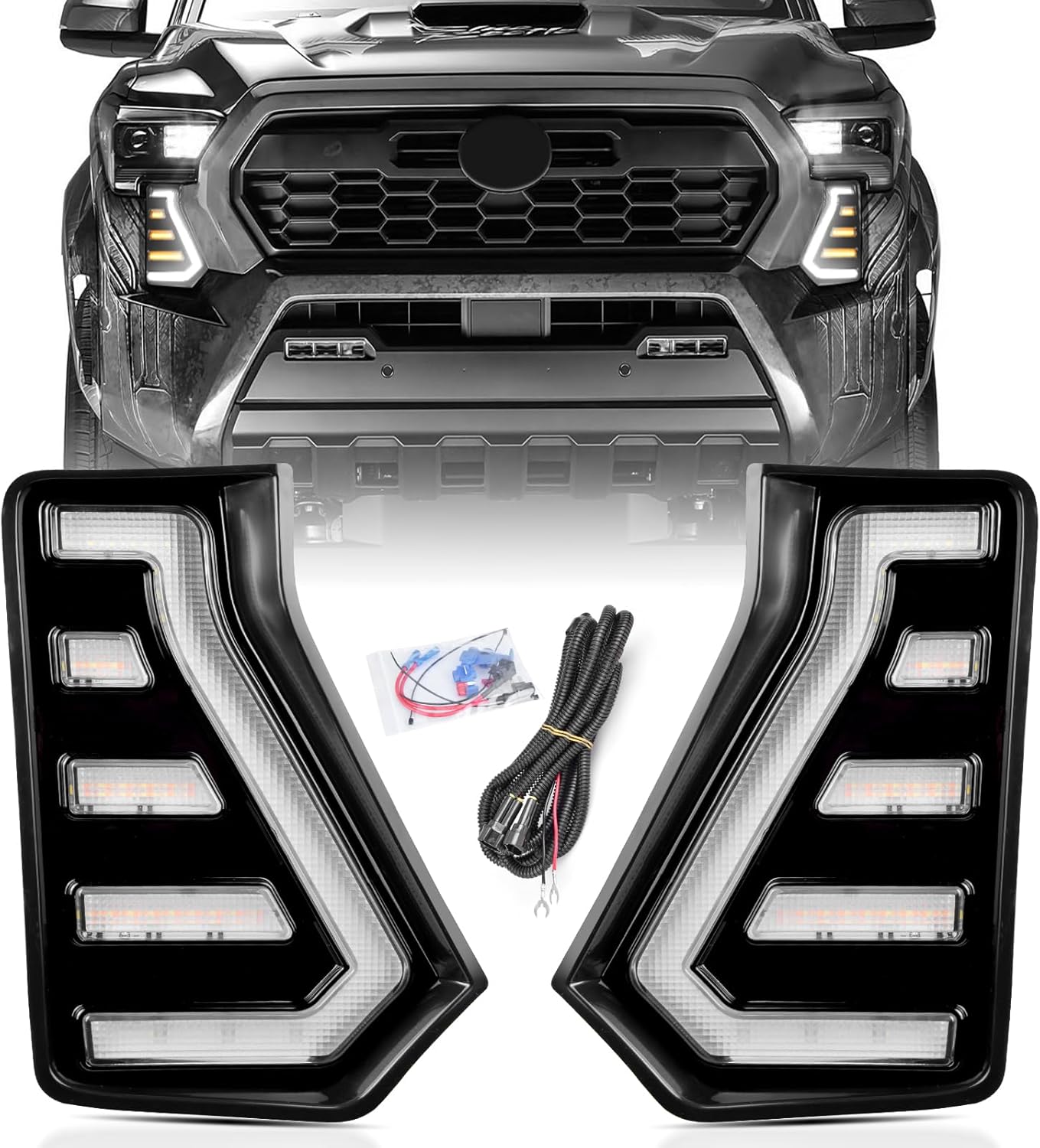 LED Daytime Running Lights White DRL Compatible with Tacoma 2024 2025 2026, With Amber Sequential Turn Signal Lights Front Bumper Fog Lights Kit Tacoma Accessories