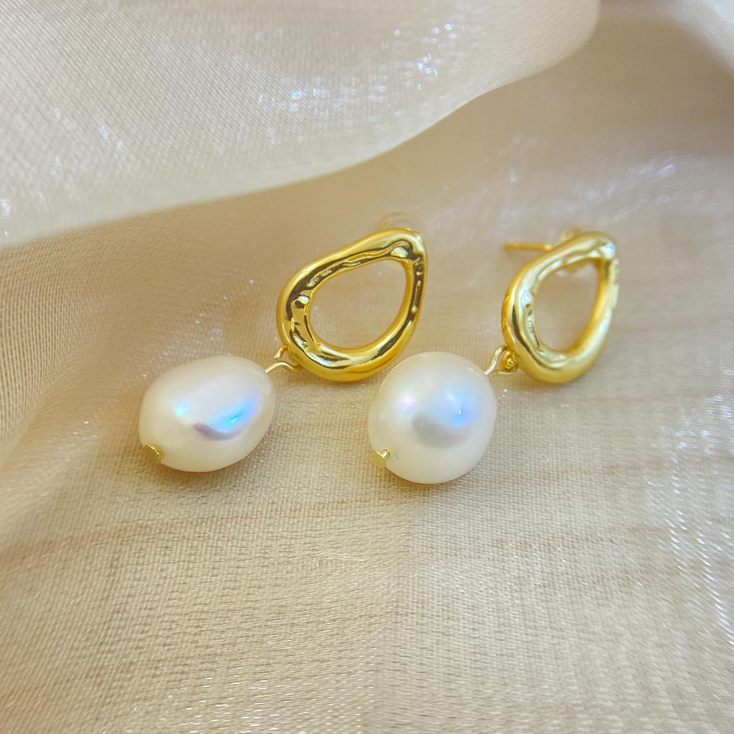 14K GOLD PLATED Natural Freshwater Baroque Pearl Dangle Drop Earrings for Women - Image 3