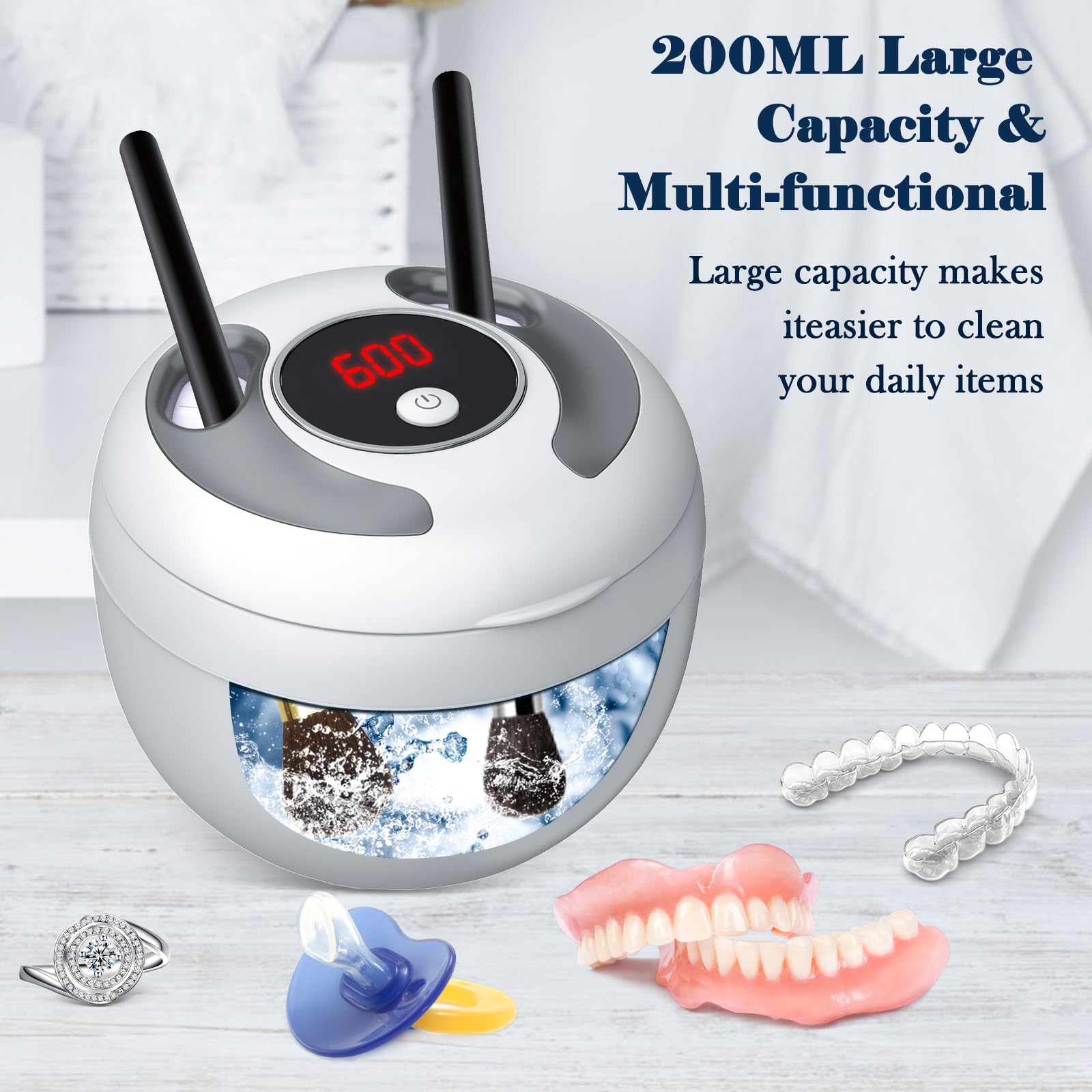 45000Hz Ultrasonic Cleaner Nettoyeur Ultrasons, 200ML Dental Pod, 25W Nettoyant Ultrason avec 4 UV Lampe, 4 Modes pour Prothèses Dentaires, Gouttière Dentaire, Retainer, Bijoux, tête de brosse